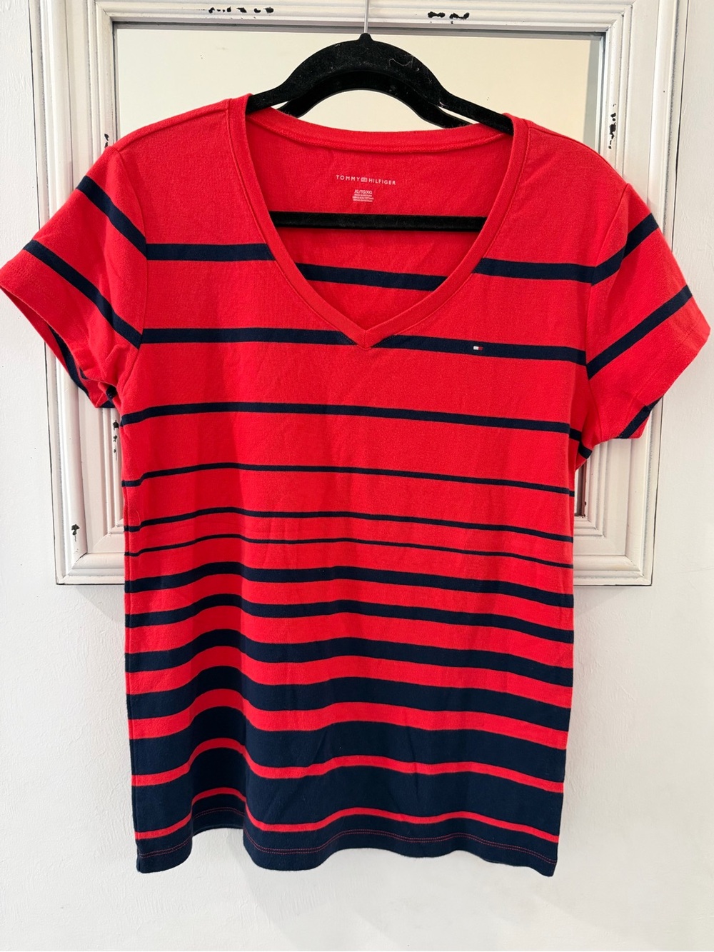 Tommy Hilfiger Red and Navy Striped V-Neck Tee
